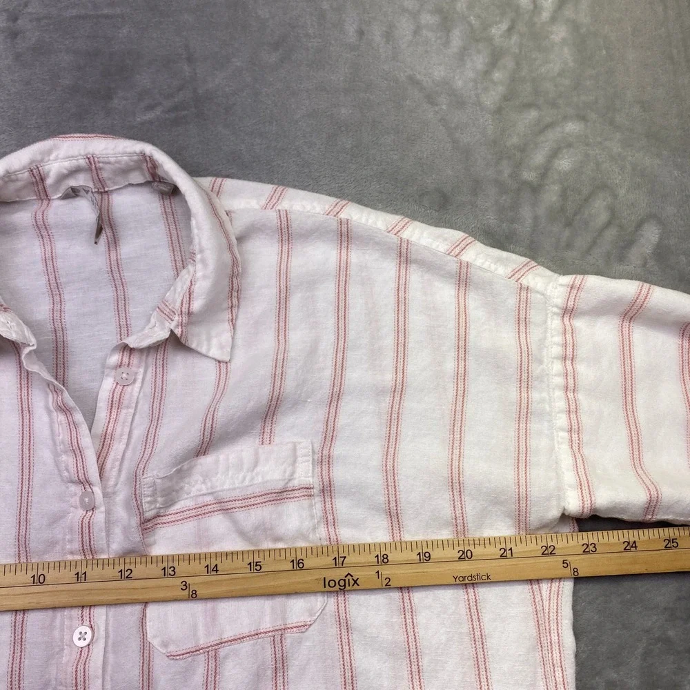 Athleta Anguilla Striped Linen Button Down Shirt‎ Womens XS S/S White Pink